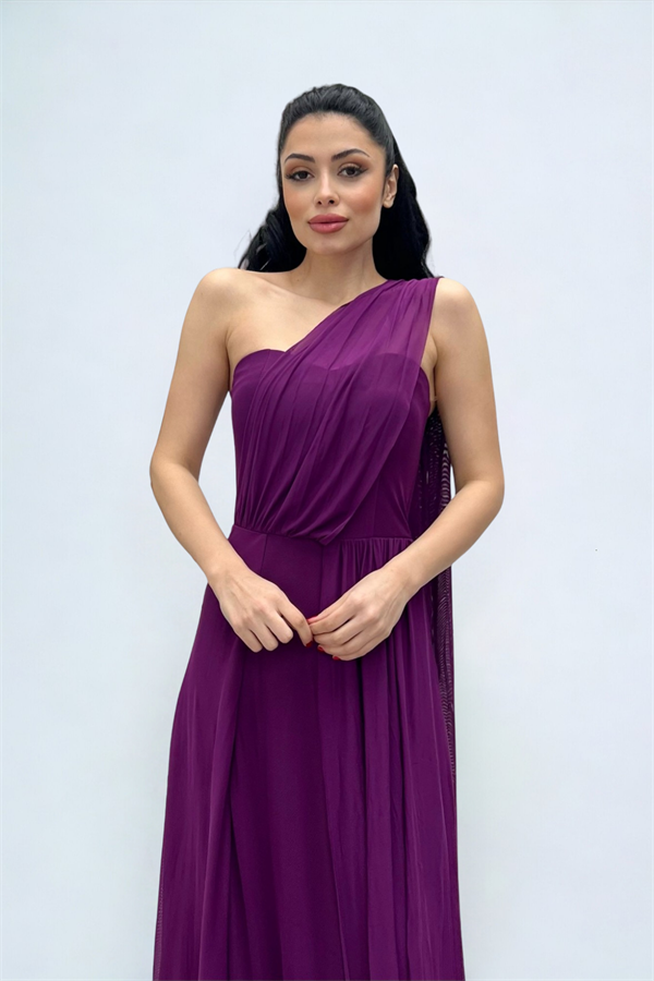 Tül Kumaş Straplez Şal Detaylı Elbise - PATLICAN MOR