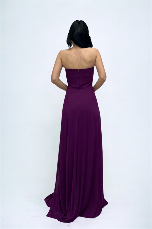 Tül Kumaş Straplez Şal Detaylı Elbise - PATLICAN MOR