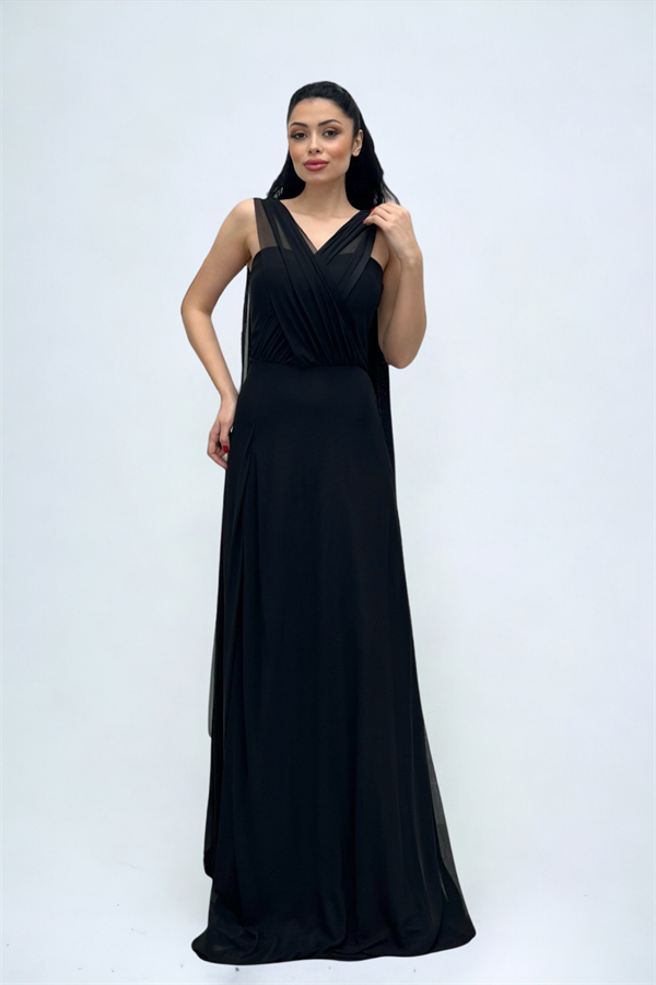 Tül Kumaş Straplez Şal Detaylı Elbise - SİYAH