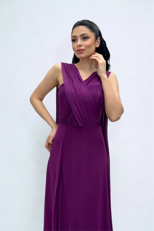 Tül Kumaş Straplez Şal Detaylı Elbise - PATLICAN MOR