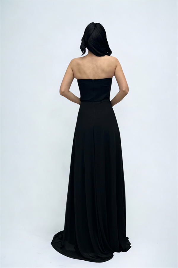 Tül Kumaş Straplez Şal Detaylı Elbise - SİYAH