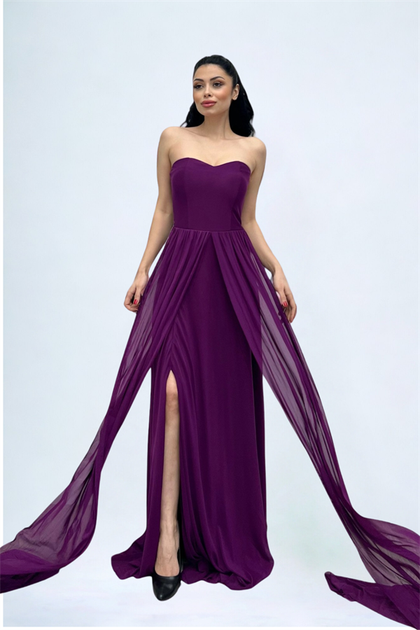 Tül Kumaş Straplez Şal Detaylı Elbise - PATLICAN MOR