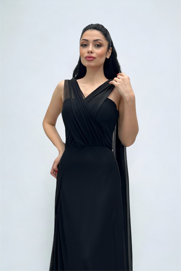 Tül Kumaş Straplez Şal Detaylı Elbise - SİYAH