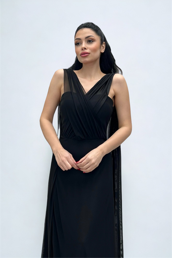 Tül Kumaş Straplez Şal Detaylı Elbise - SİYAH