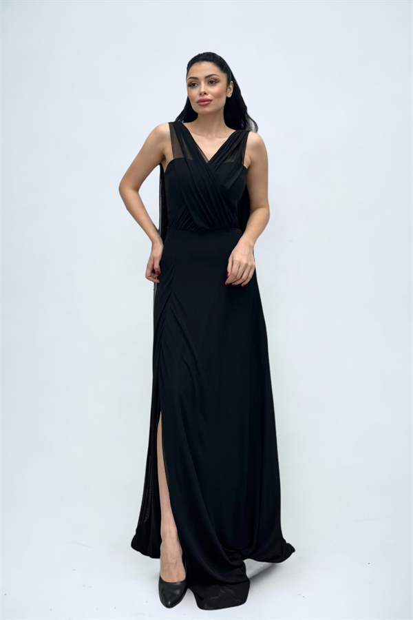 Tül Kumaş Straplez Şal Detaylı Elbise - SİYAH