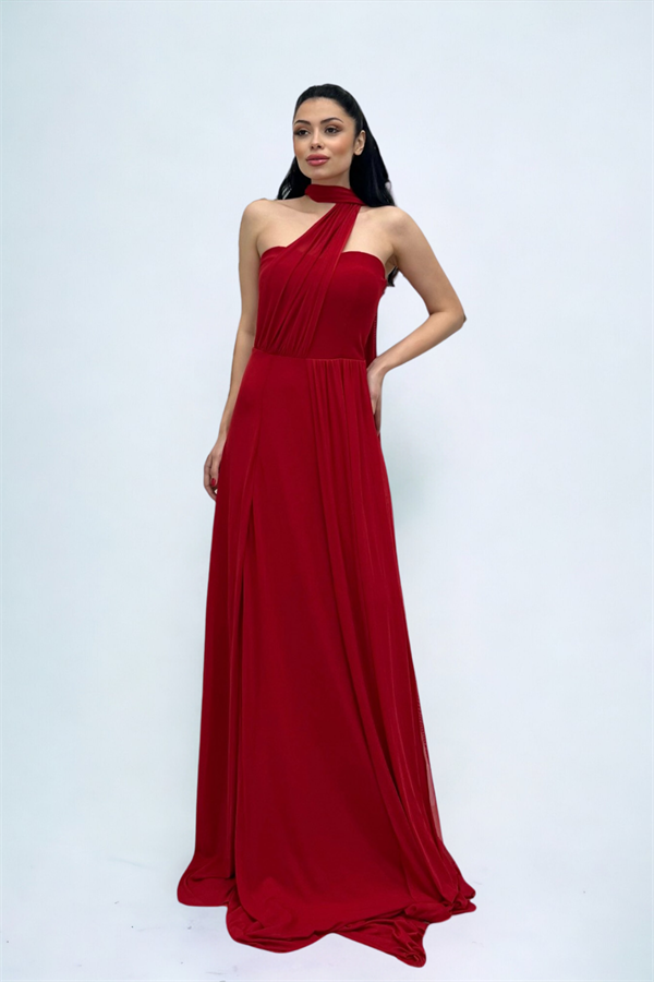 Tül Kumaş Straplez Şal Detaylı Elbise - KIRMIZI