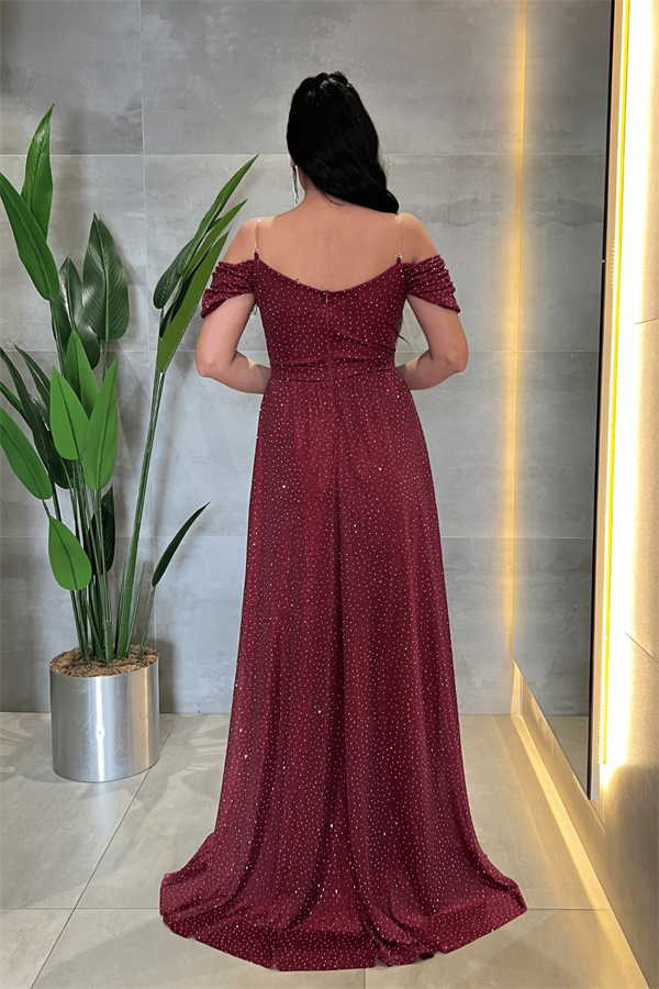 Tül Kumaş Taş Detaylı Abiye Elbise - BORDO