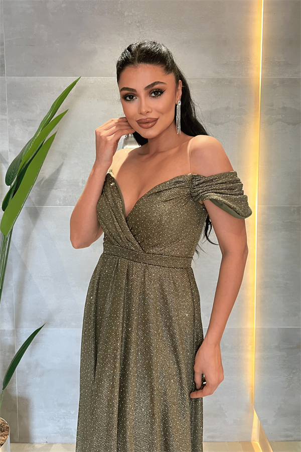 Tül Kumaş Taş Detaylı Abiye Elbise - HAKİ YEŞİLİ