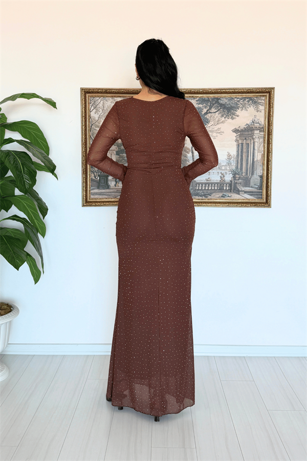 Tül Kumaş Taş Detaylı Abiye - KAHVERENGİ