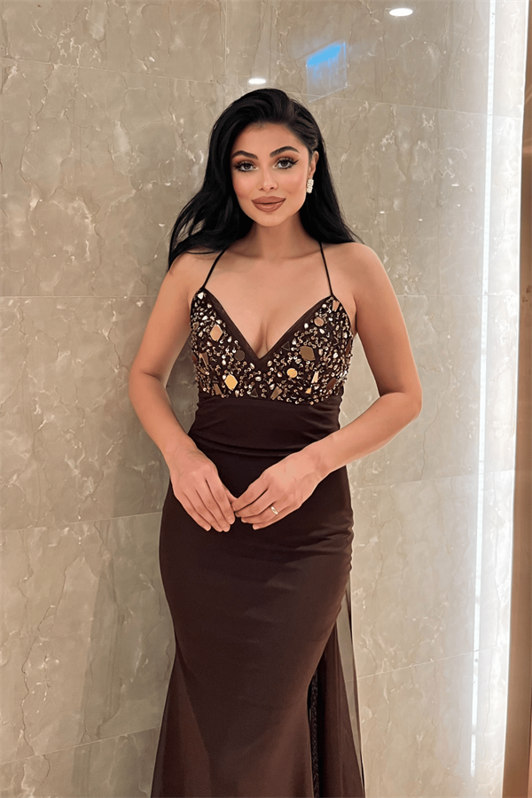 Tül Kumaş Taş Detaylı Sırtı İpli Abiye Elbise - KAHVERENGİ