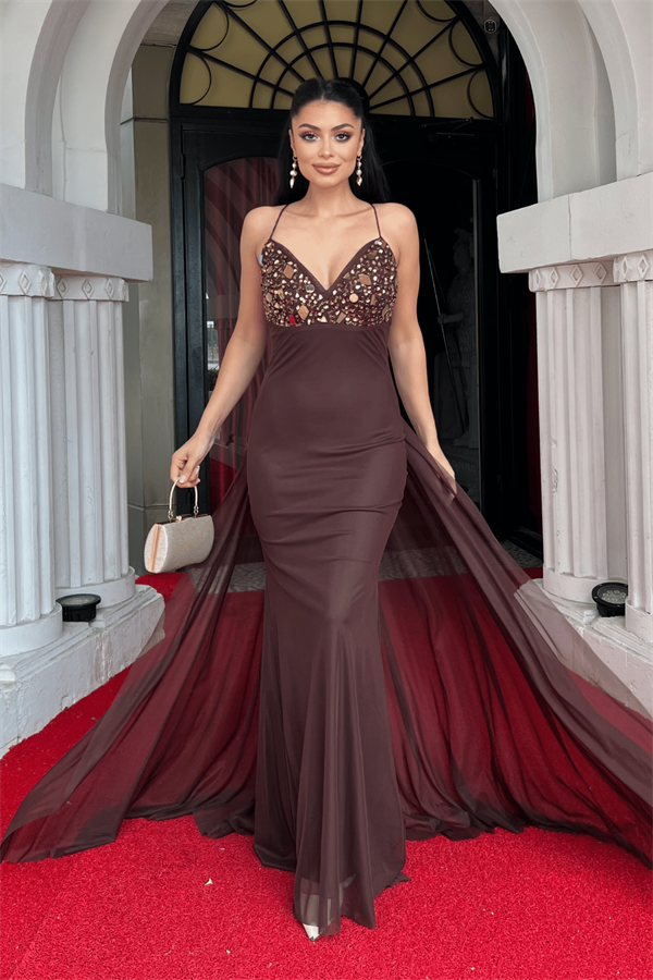 Tül Kumaş Taş Detaylı Sırtı İpli Abiye Elbise - KAHVERENGİ