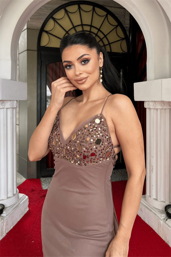 Tül Kumaş Taş Detaylı Sırtı İpli Abiye Elbise - BRONZ