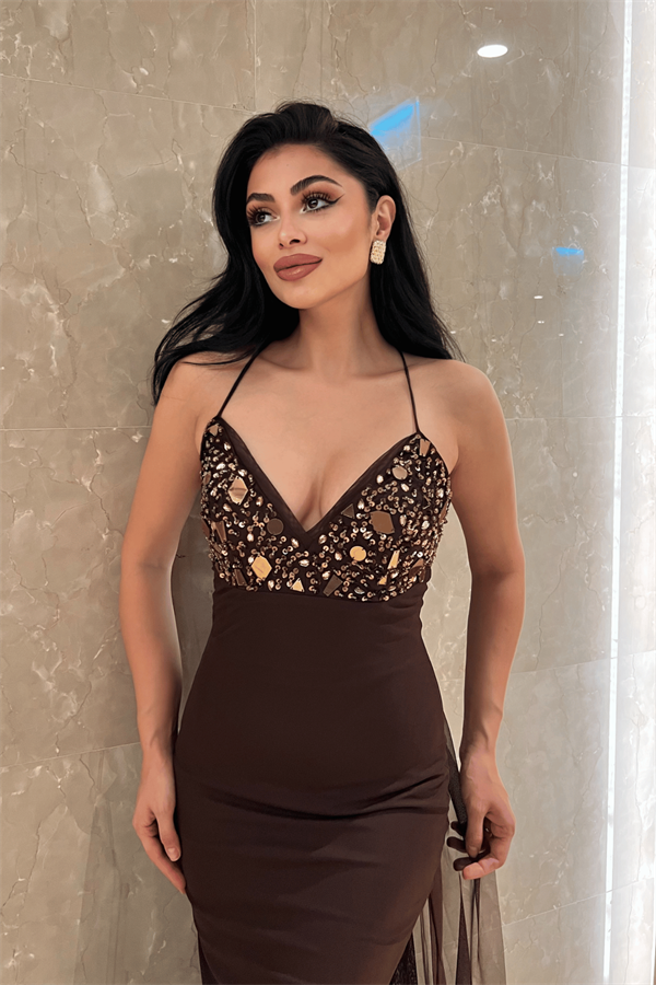 Tül Kumaş Taş Detaylı Sırtı İpli Abiye Elbise - KAHVERENGİ