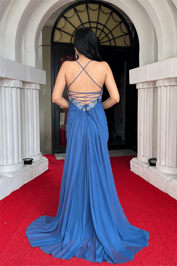 Tül Kumaş Taş Detaylı Sırtı İpli Abiye Elbise - İNDİGO MAVİ