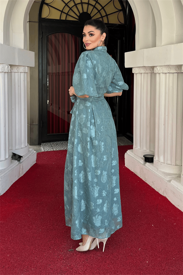 Tül Kumaş Üç Boyut Dikişli Midi Elbise - MİNT YEŞİLİ