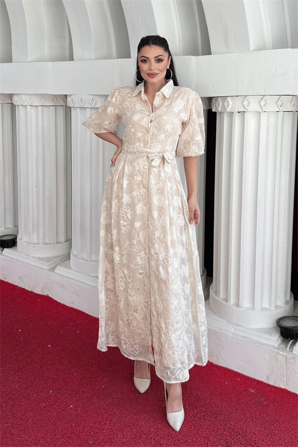 Tül Kumaş Üç Boyut Dikişli Midi Elbise - KREM