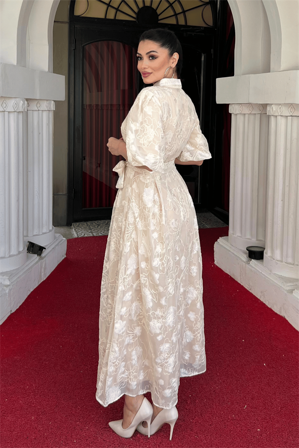 Tül Kumaş Üç Boyut Dikişli Midi Elbise - KREM