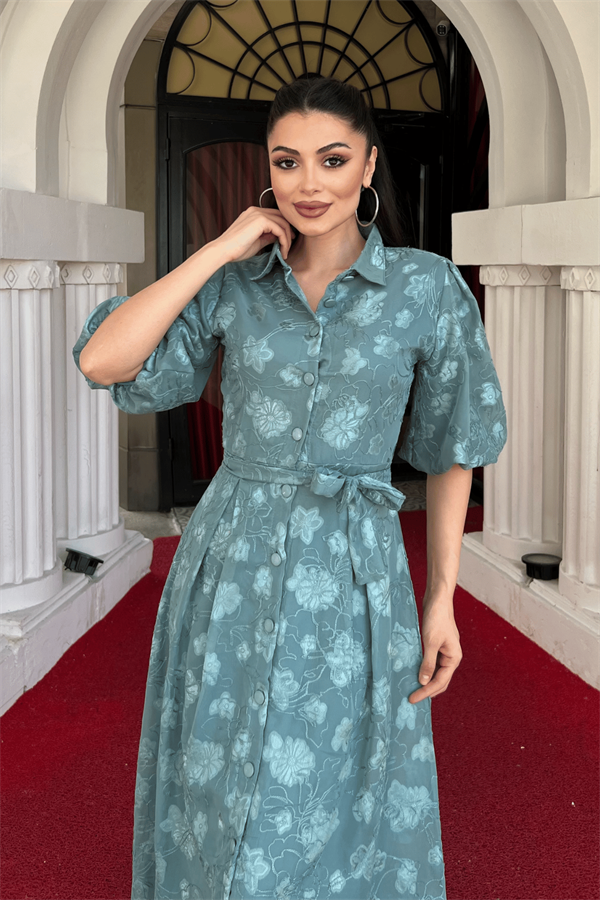 Tül Kumaş Üç Boyut Dikişli Midi Elbise - MİNT YEŞİLİ