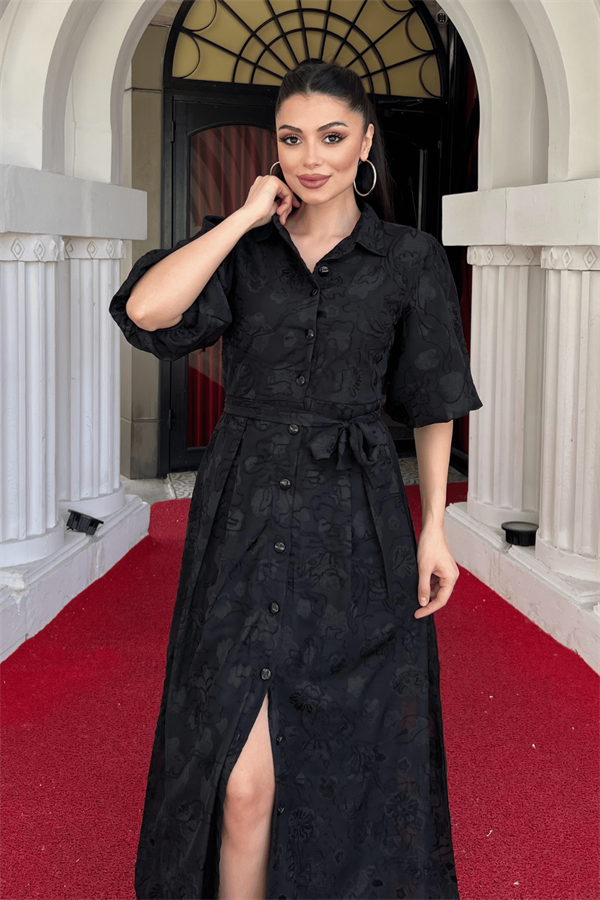 Tül Kumaş Üç Boyut Dikişli Midi Elbise - SİYAH