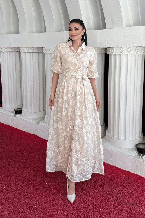 Tül Kumaş Üç Boyut Dikişli Midi Elbise - KREM