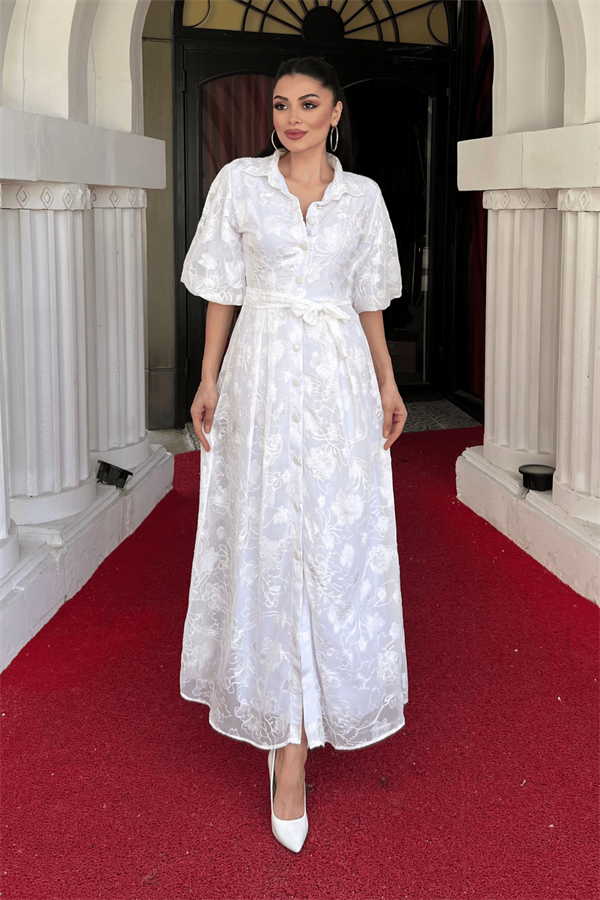 Tül Kumaş Üç Boyut Dikişli Midi Elbise - BEYAZ