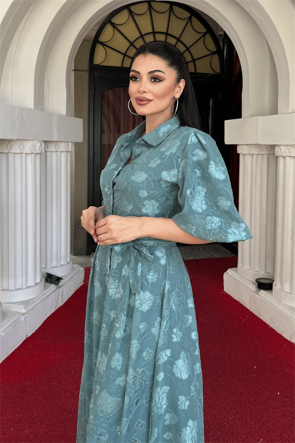 Tül Kumaş Üç Boyut Dikişli Midi Elbise - MİNT YEŞİLİ