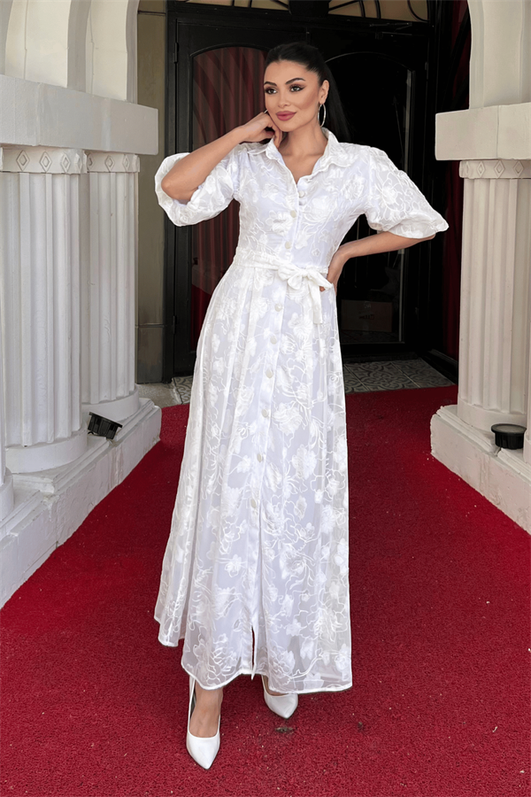 Tül Kumaş Üç Boyut Dikişli Midi Elbise - BEYAZ