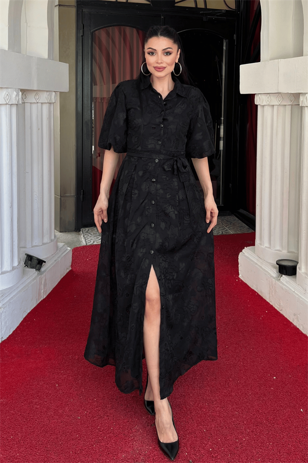 Tül Kumaş Üç Boyut Dikişli Midi Elbise - SİYAH