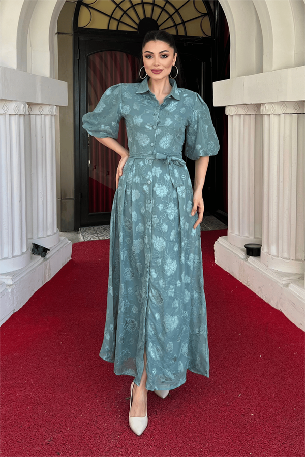 Tül Kumaş Üç Boyut Dikişli Midi Elbise - MİNT YEŞİLİ