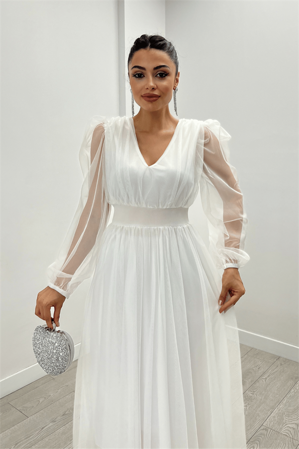 Tül Kumaş V Yaka Midi Detaylı Elbise - BEYAZ