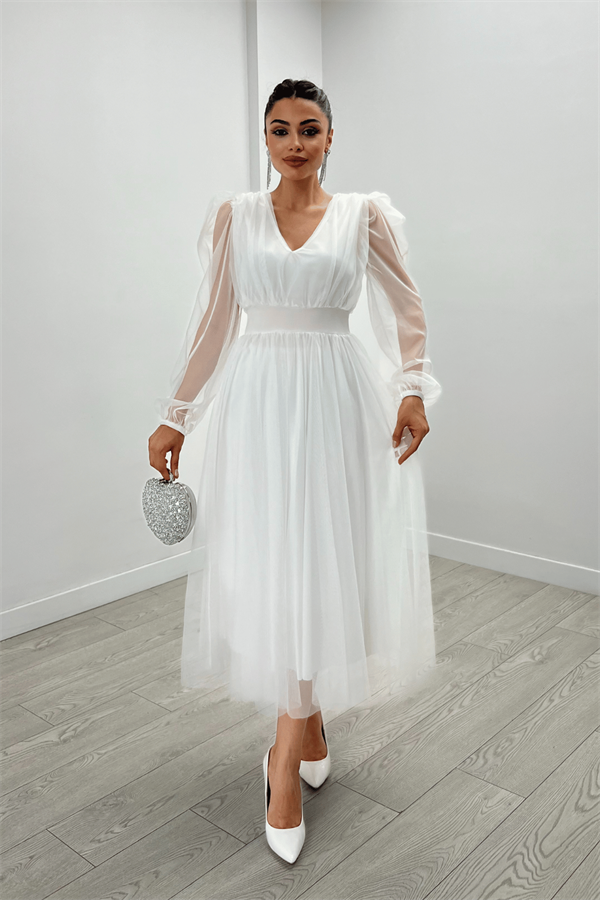 Tül Kumaş V Yaka Midi Detaylı Elbise - BEYAZ