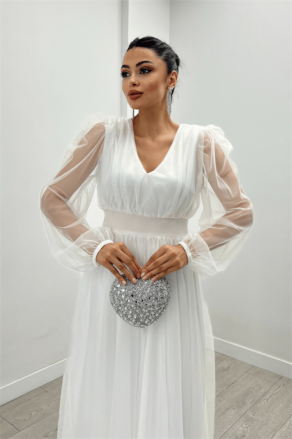 Tül Kumaş V Yaka Midi Detaylı Elbise - BEYAZ