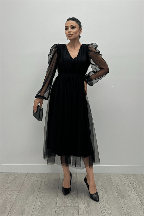 Tül Kumaş V Yaka Midi Detaylı Elbise - SİYAH