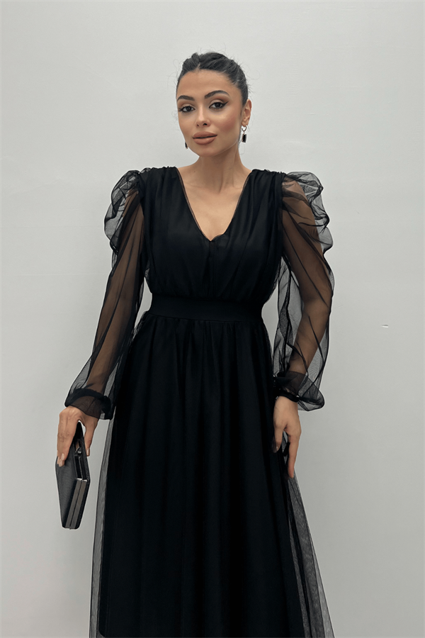 Tül Kumaş V Yaka Midi Detaylı Elbise - SİYAH