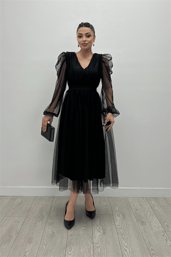 Tül Kumaş V Yaka Midi Detaylı Elbise - SİYAH