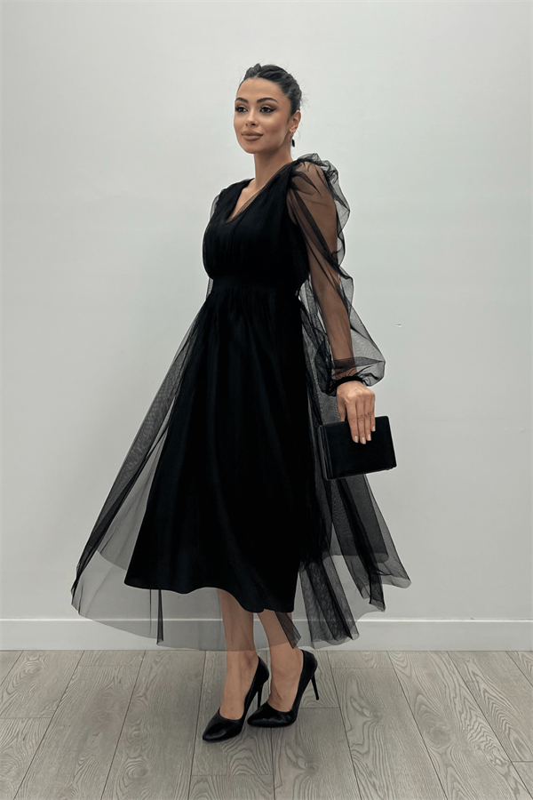 Tül Kumaş V Yaka Midi Detaylı Elbise - SİYAH