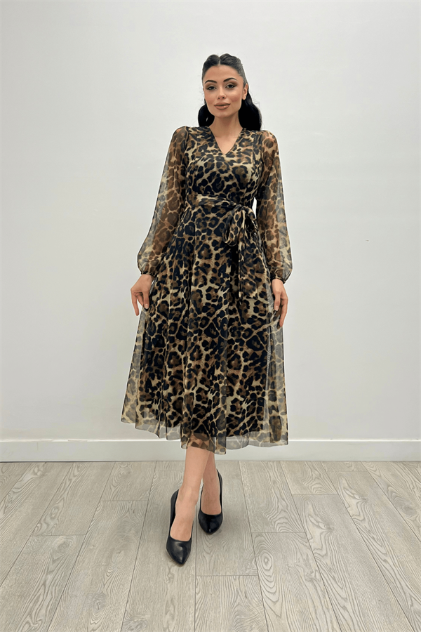 Tül Kumaş V Yaka Midi Elbise - LEOPAR