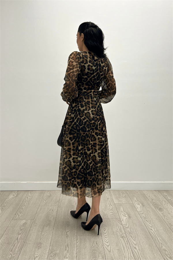 Tül Kumaş V Yaka Midi Elbise - LEOPAR