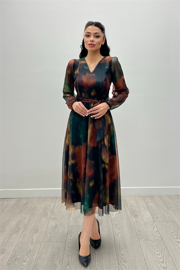 Tül Kumaş V Yaka Midi Elbise - SARI