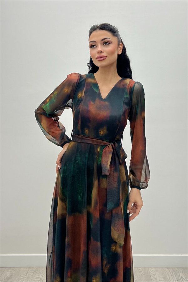 Tül Kumaş V Yaka Midi Elbise - SARI