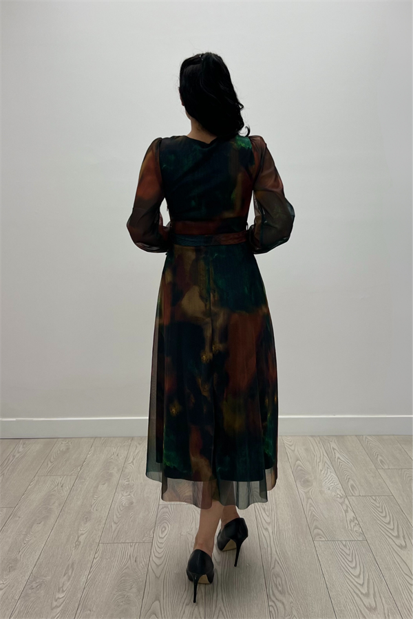 Tül Kumaş V Yaka Midi Elbise - SARI