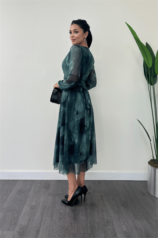 Tül Kumaş V Yaka Midi Elbise - TURKUAZ