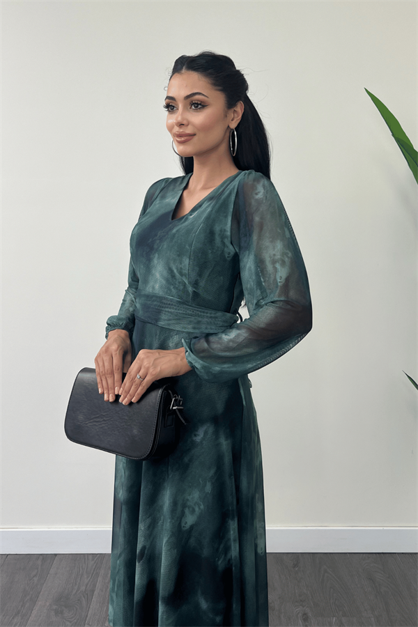 Tül Kumaş V Yaka Midi Elbise - TURKUAZ