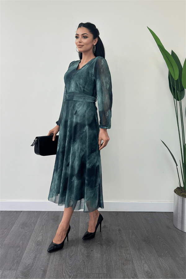 Tül Kumaş V Yaka Midi Elbise - TURKUAZ