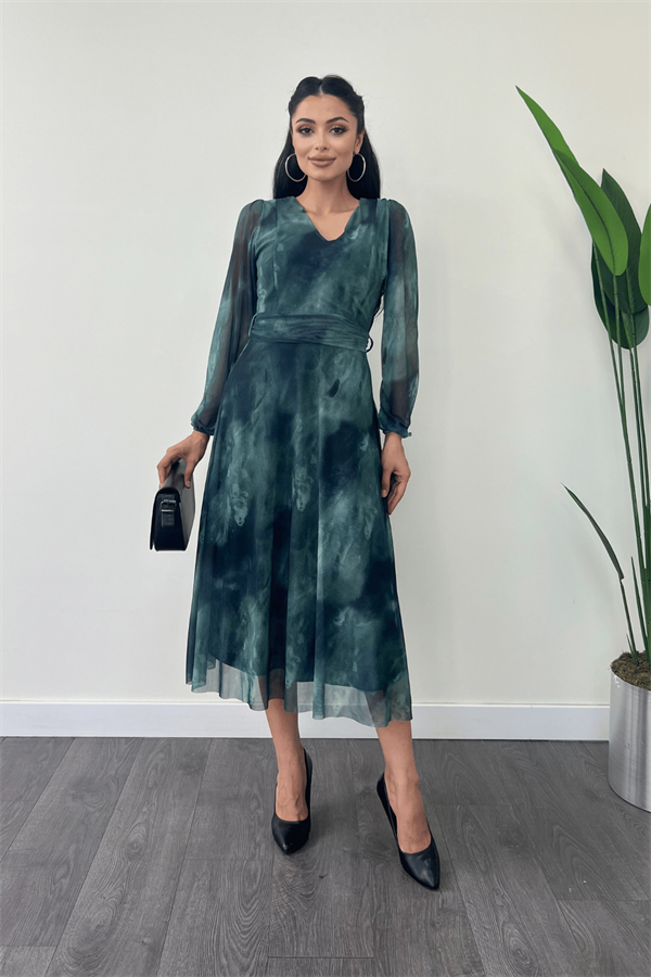 Tül Kumaş V Yaka Midi Elbise - TURKUAZ