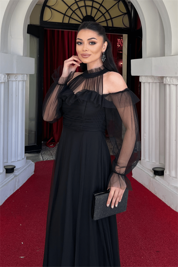 Tül Kumaş Volan Detaylı Tasarım Elbise - SİYAH