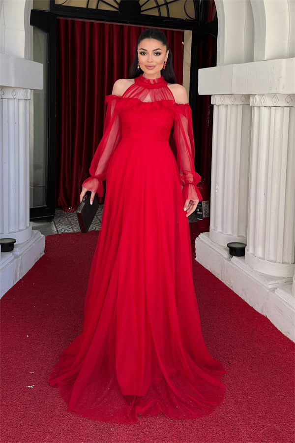 Tül Kumaş Volan Detaylı Tasarım Elbise - KIRMIZI