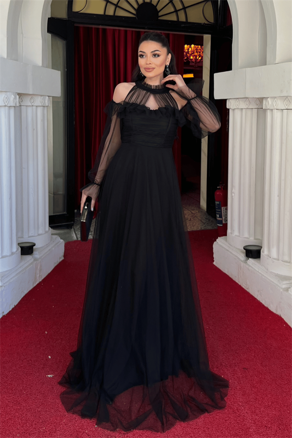 Tül Kumaş Volan Detaylı Tasarım Elbise - SİYAH