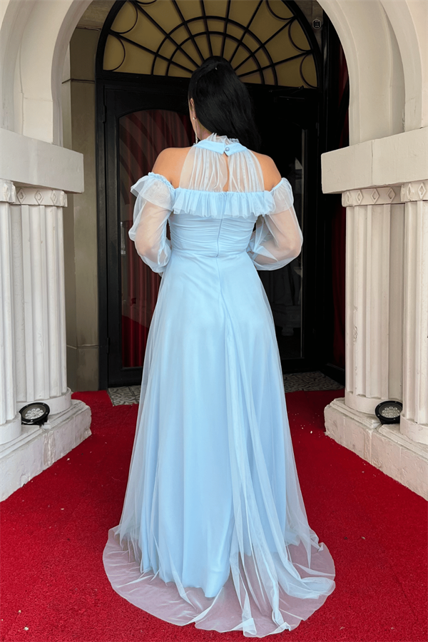 Tül Kumaş Volan Detaylı Tasarım Elbise - BEBE MAVİSİ