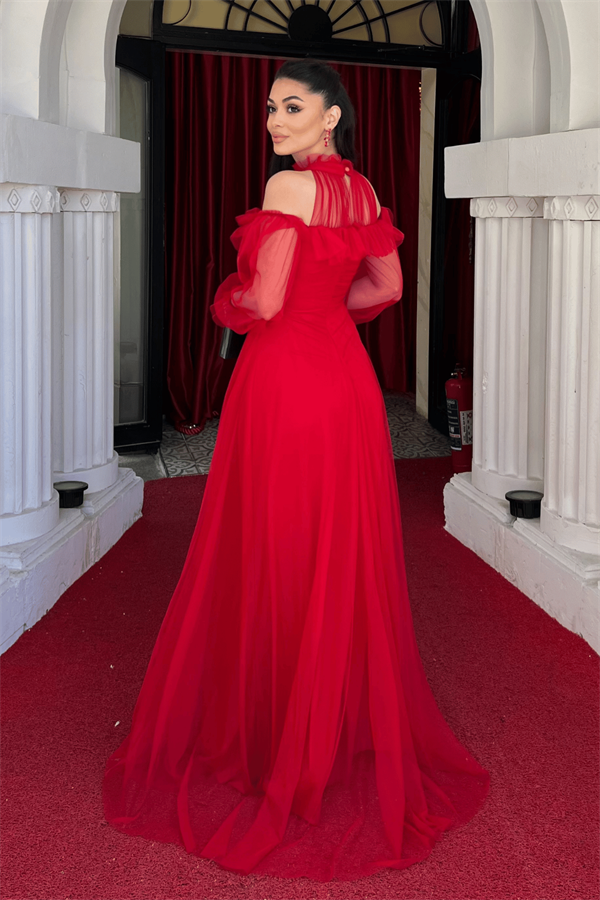 Tül Kumaş Volan Detaylı Tasarım Elbise - KIRMIZI